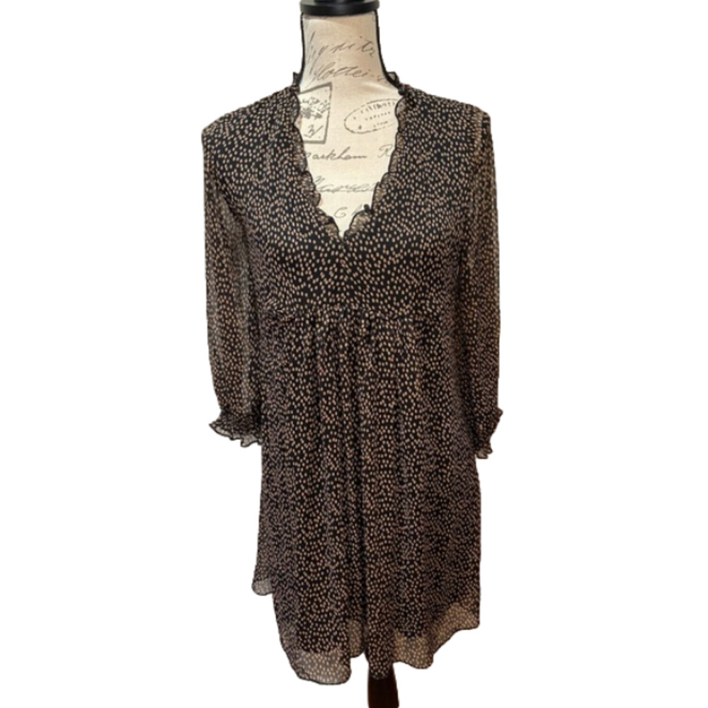 ZARA Polka Dot Sheer Long Sleeved Dress Black with tan dots‎ sz S